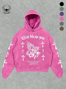 Men's Cotton Hoodie, Washed Vintage Design, God Bless You Prayer Hand Cross Print, Trendy Comfortable Fitted for All Seasons, Graphic Hoodie
