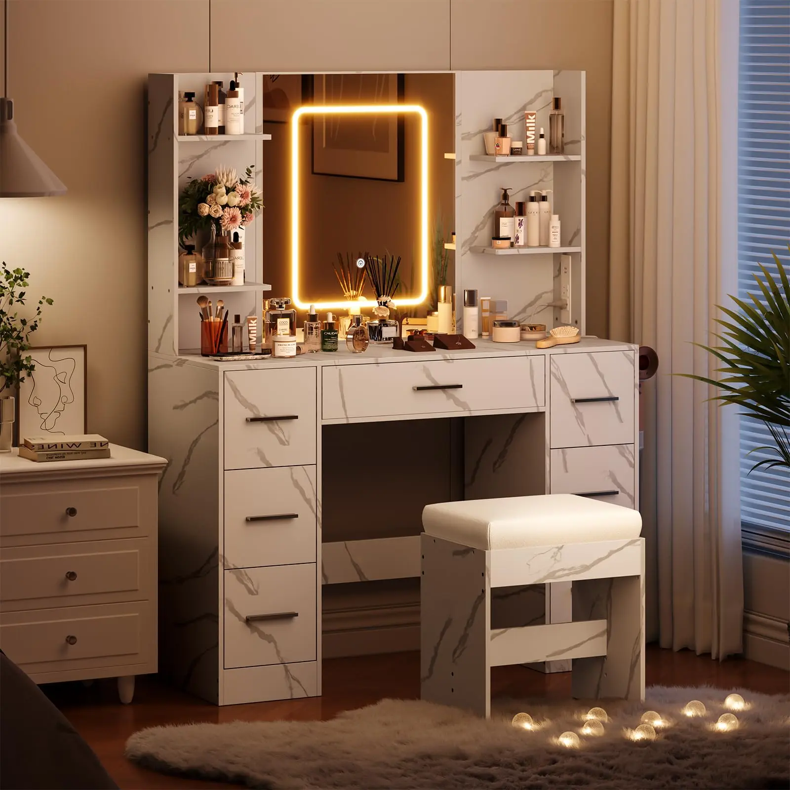 Makeup Vanity with 7 Spacious Drawers & LED Lighted Mirror, Marble White Dressing Table with Hair Dryer Holder, Power Outlets, USB & Cushioned Stool for Bedroom, Vanity Makeup, Makeup Vanity Desk, Engineered Wood