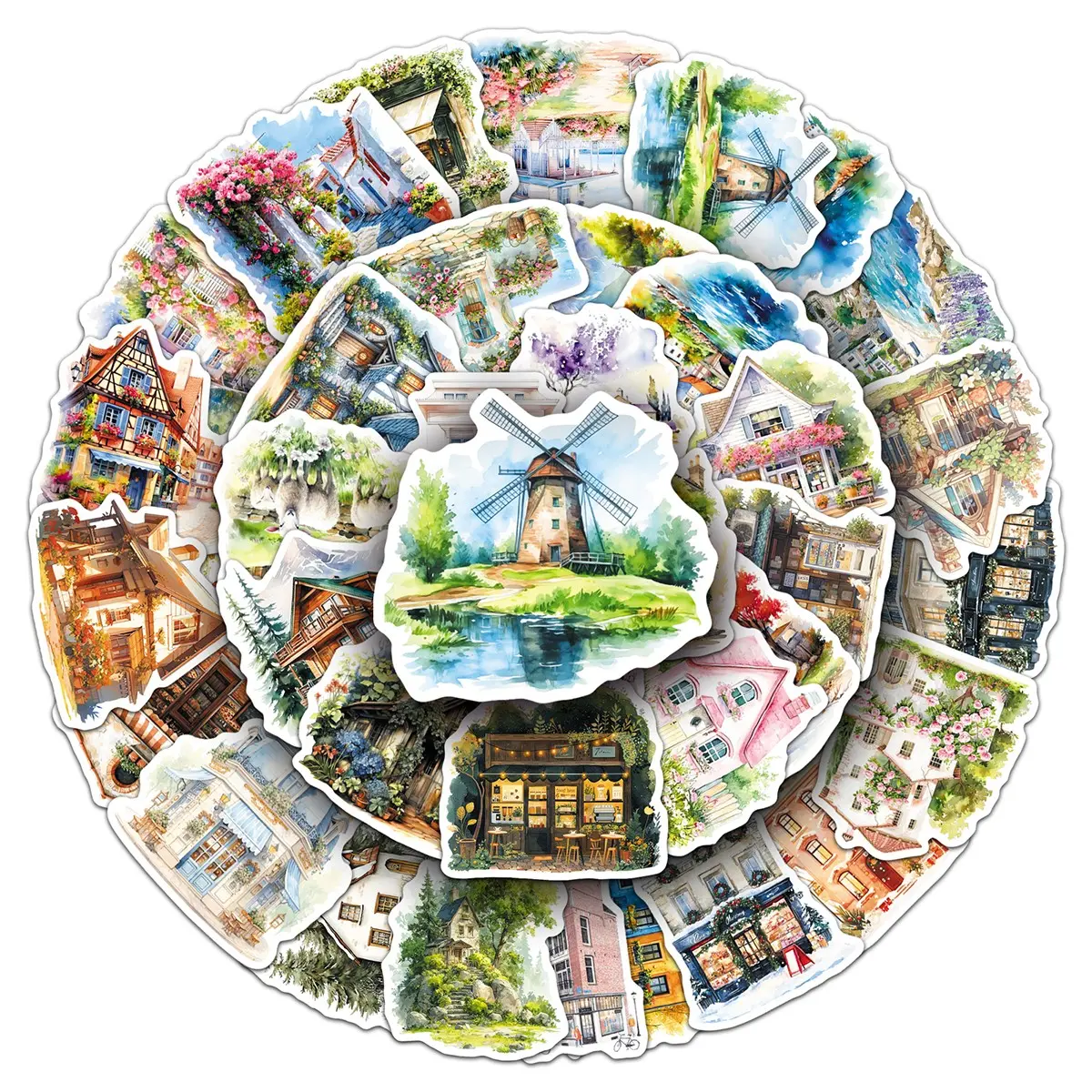 100sheets two sets of repetition town scenery cartoon gentle healing landscape creative DIY Sticker Scrapbook Materials Decal Sticker storage box desktop photo album stickers Stickers Kit