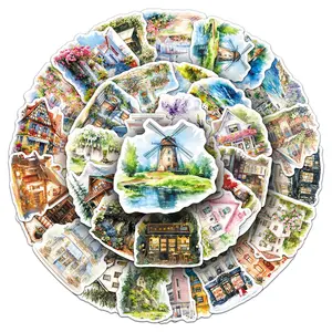 100sheets two sets of repetition town scenery cartoon gentle healing landscape creative DIY Sticker Scrapbook Materials Decal Sticker storage box desktop photo album stickers Stickers Kit