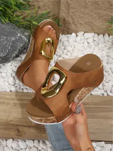 Women's Cork Platform Sandals, Comfy Gold Buckle Wedge Slides for Daily Wear