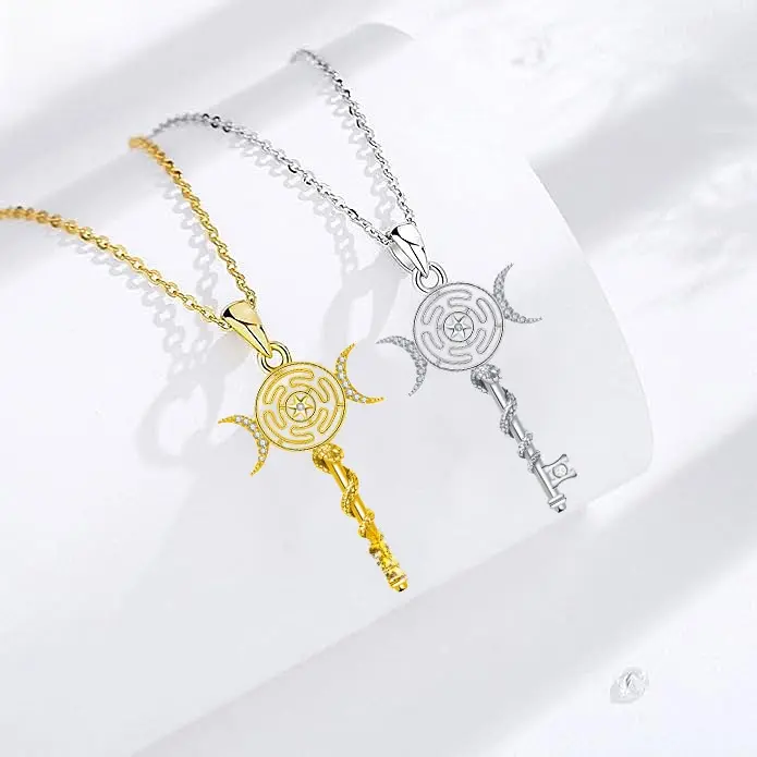 Golden Key to Destiny Silver Necklace - Fashion Costume Jewelry with Labyrinth, Represents Abundance, Supports Career Advancement, Personal Growth, Crescent Moons, Daily Spiritual Power for Birthday Gift, Key To Destiny Necklace