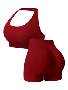 Women's Two-Piece Sports Set, Halter Top Design, Neckline & Shoulder Line Accent, Front Embroidered Seam, Short Pants, Unique Waistband, Sporty Style