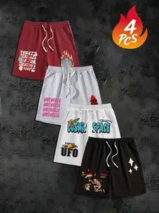 4 Pcs Plus Size Men's Space Skull Print Casual Loose Shorts, Street Style, Multi-Color Elastic Waist, Universe/ufo/skull Print