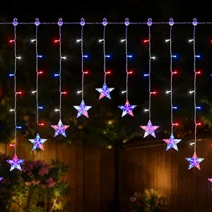 Waterproof 8 Modes Timer Star Icicle Lights | 9.8ft 118 LEDs Red White & Blue Curtain String, Battery Operated Batteries Not Included, Indoor Outdoor Connectable
