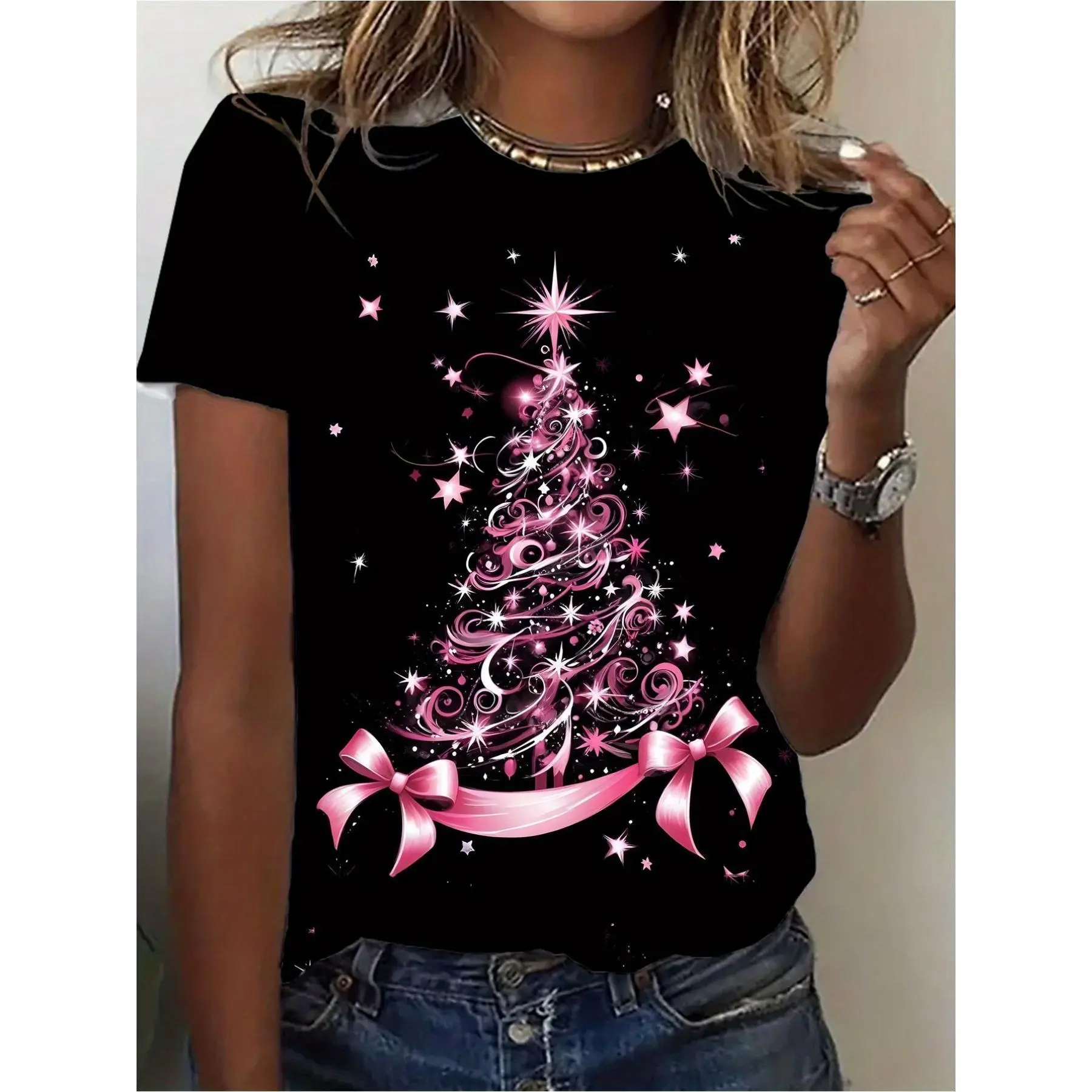 Ladies Christmas Tree Pattern T-shirt - 100% Cotton Crew Neck Short-sleeved Top, Applique Design, Regular Length, Casual Wear in All Seasons