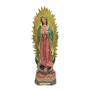 Virgen de Guadalupe 12 Inch Resin Statue with Gold Halo and Green Veil Religious Decor