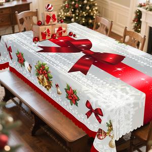 QUNTUE Red Bow Tablecloth with Floral Pattern for Christmas, Round & Rectangular Sizes, Perfect for Holiday Gatherings, Garden Parties, and Indoor/Outdoor Use, Ideal Gift for Friends