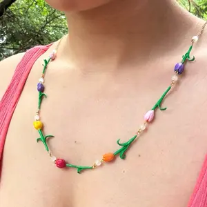 Tulips Necklace - Simple Design with Colorful Tulip Charms on Gold Chain