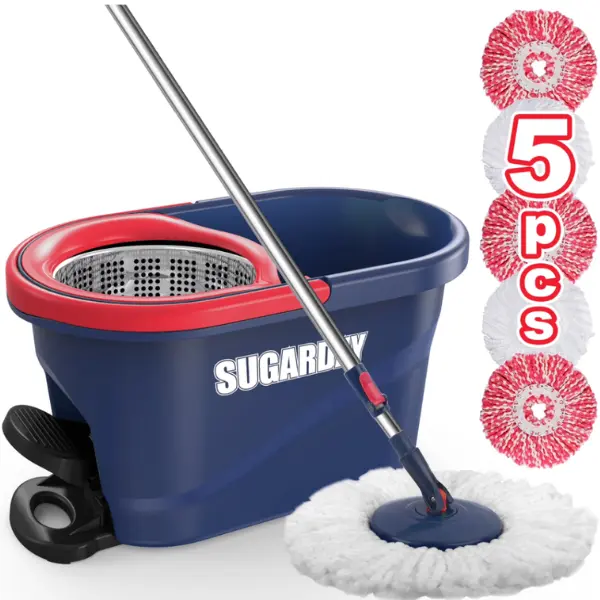 Spin Mop and Bucket Set with Wringer, Floor Cleaning Mop System, Rotating Mop Set, Red
