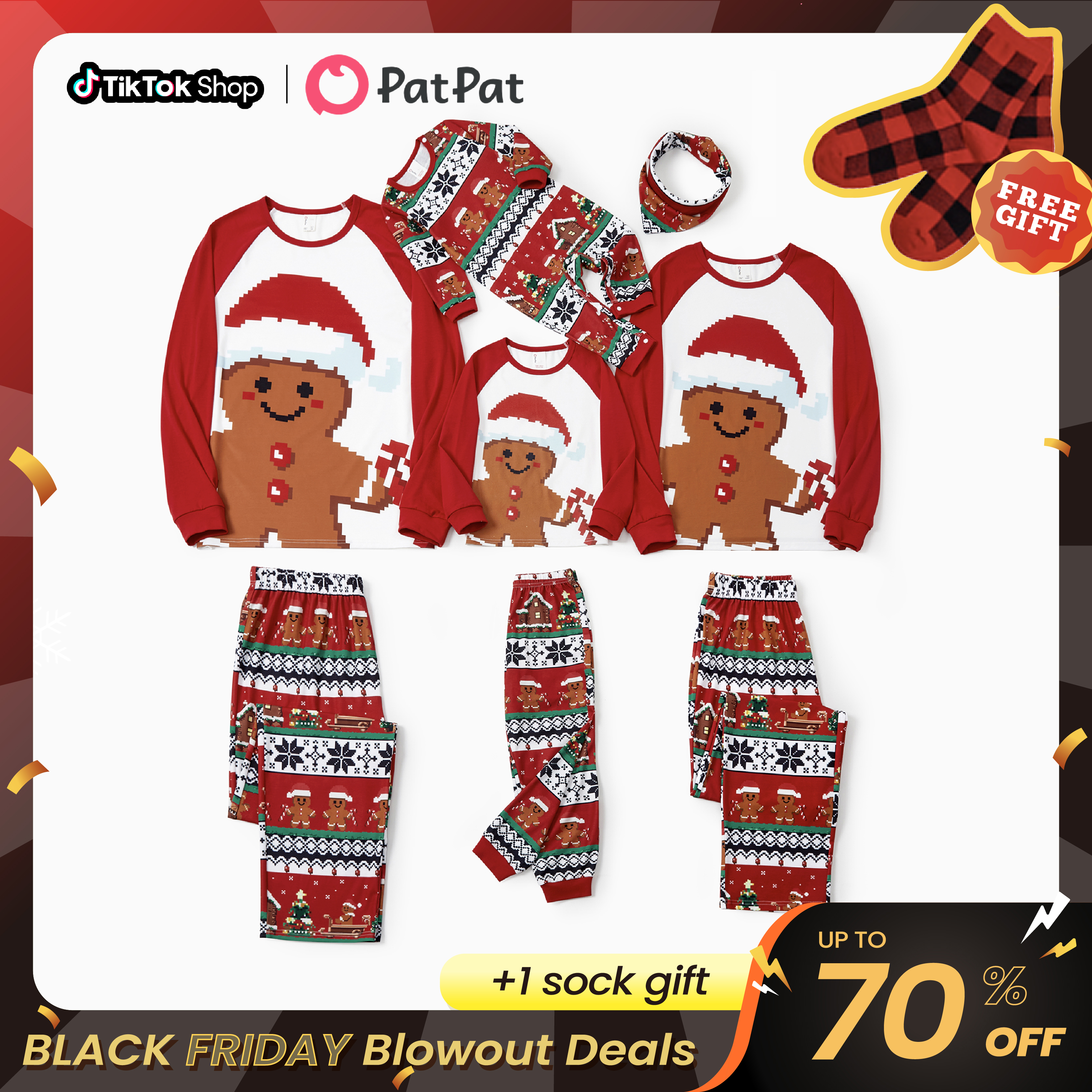 PatPat Christmas Pajamas Soft & Stretchy Family Matching Long Sleeve Sets Gingerbread Patterned Sleepwear for Women Men Couples Adult Kids,Cute Pajam