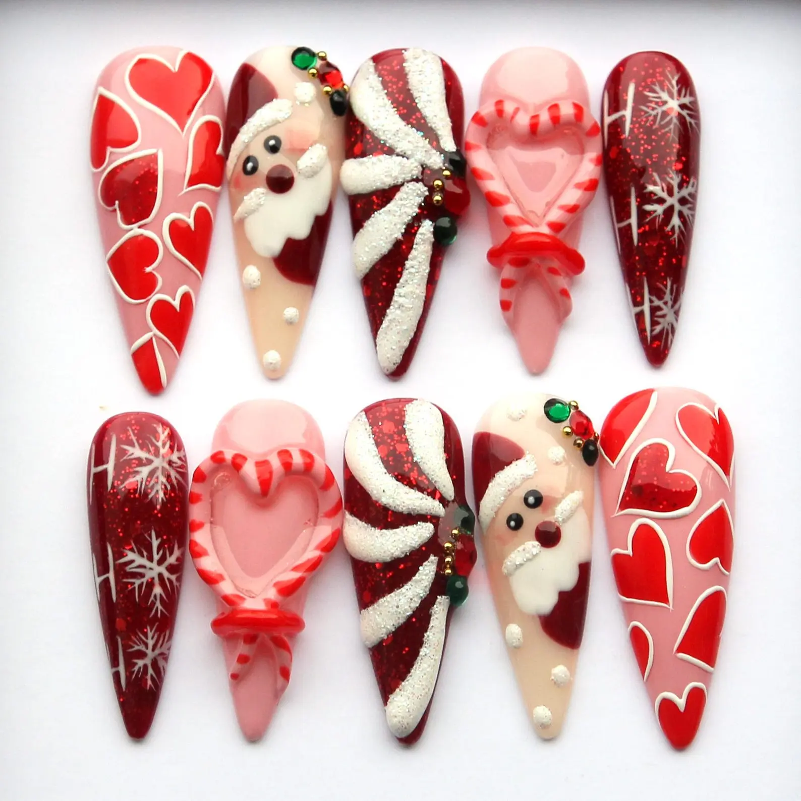 [New Model] 10 PCS Handmade Press on Nails, Christmas Press On Nails, Festive Santa, Candy Cane, Hearts - Gel Nail Set, Y2K 3D Gel Nails, Trending Nail 2026