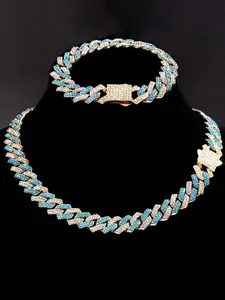 Hip Hop Punk Blue and Splicing Cuban Chain Necklace Bracelet Set, Unisex Iced Out Bling Jewelry for Street Parties, Trendy Jewelry Set
