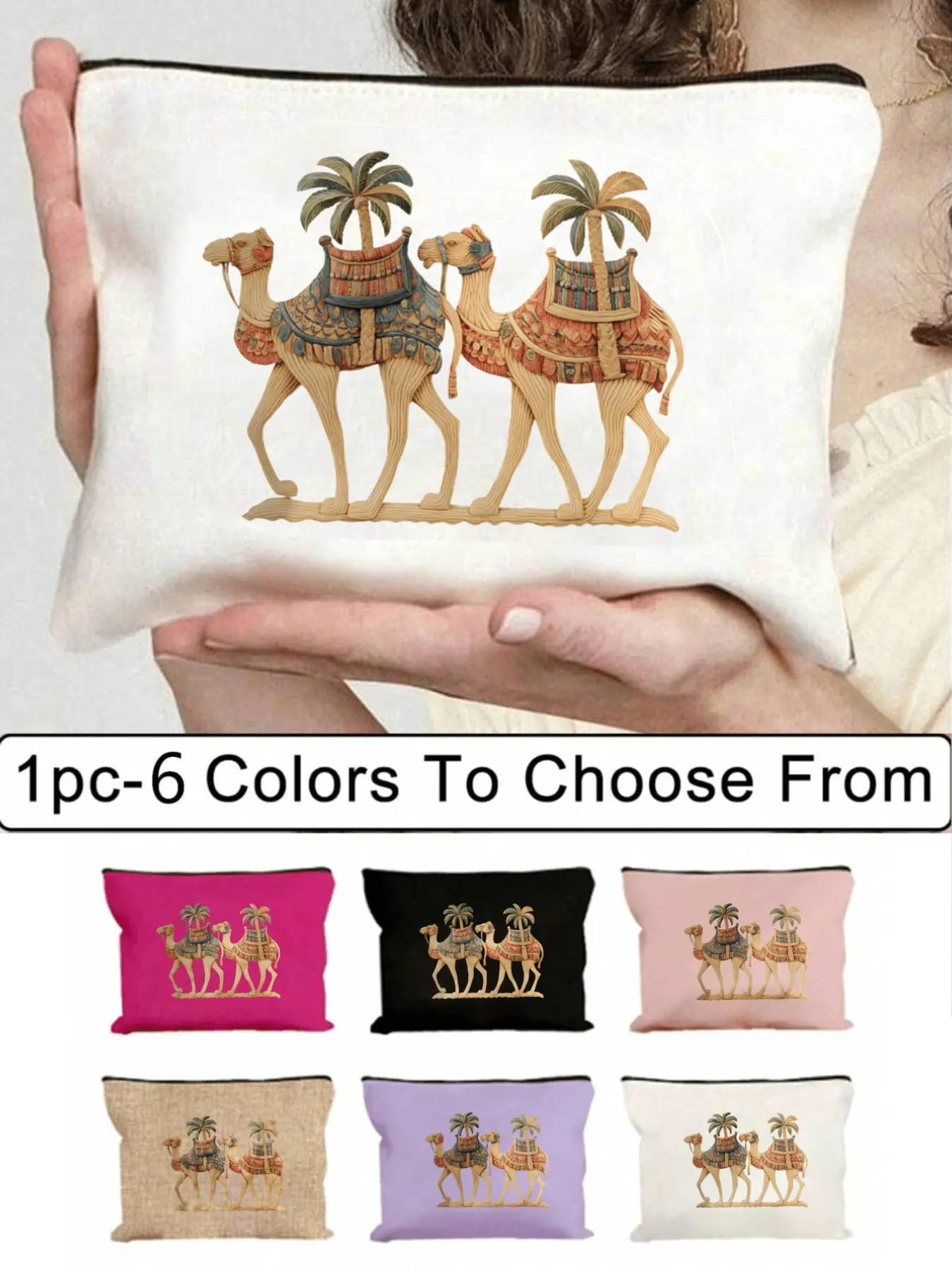 Elegant Camel Coconut Print Makeup Bag, Reusable Camels Pattern Handheld Cosmetic Pouch, Lightweight Travel Organizer, Zipper Storage Bag