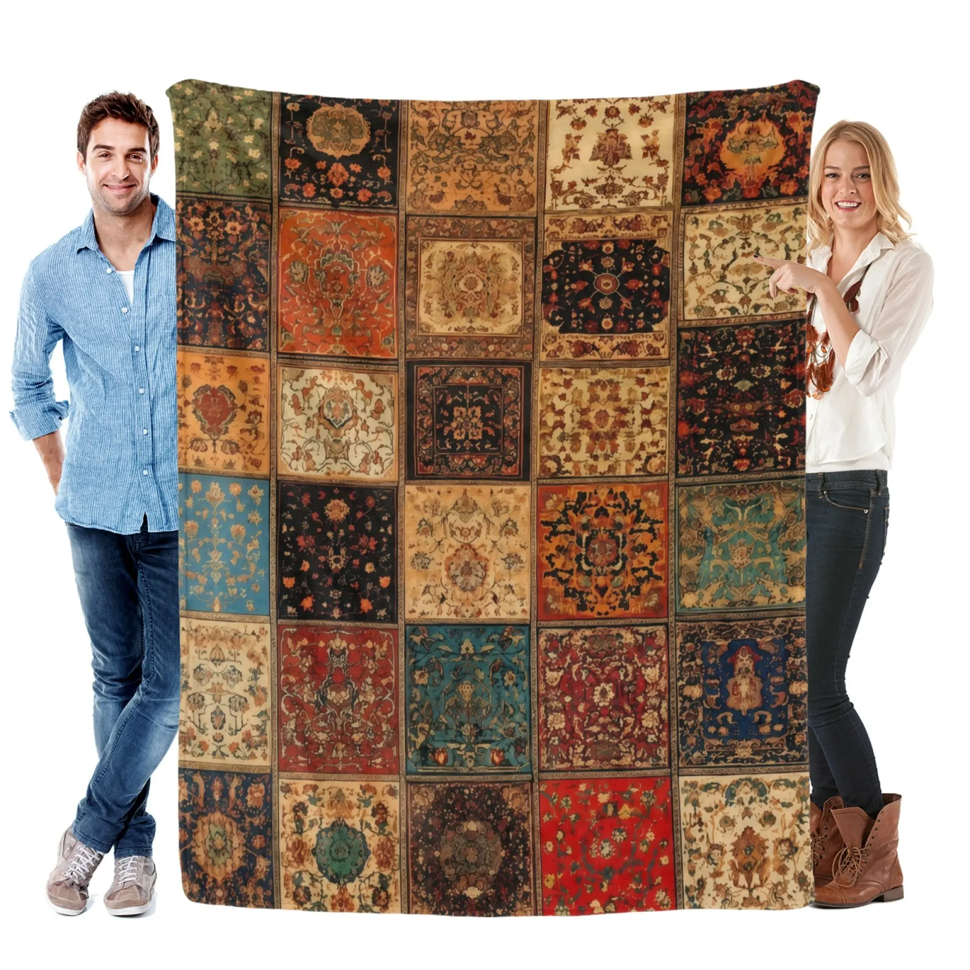 Vintage Patchwork Persian Rug Flannel Throw Blanket, Lightweight Ultra Soft Fuzzy Plush Blanket for Couch Bed, All Season Cozy, Elegant Gift for Boho Lovers Bohemian Bedroom Home Decor