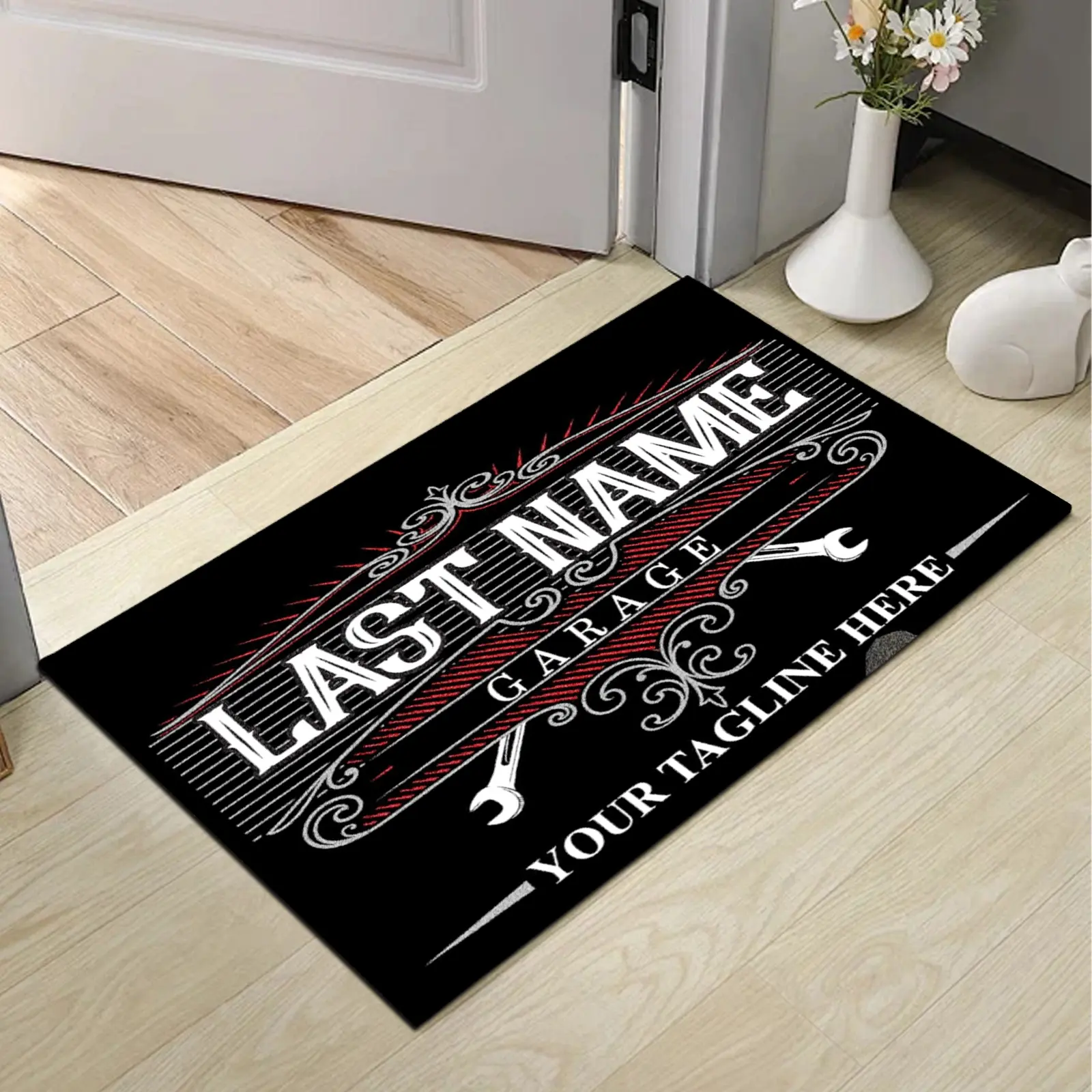 Personalized Vintage Mechanic Garage Doormat - Custom Auto Shop Welcome Rug, Add Last Name & Tagline, Non-Slip, Durable, Anti-Shrink, Machine Washable, Indoor-Outdoor Use, Perfect Gift for Dad, Man Cave Essential