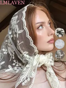 Women's Fashionable Lace Embroidery Floral Bandana, Casual Hijab Scarf, Versatile Paisley Design, All Seasons Fitted Headscarf, Lace Sheer Shawl