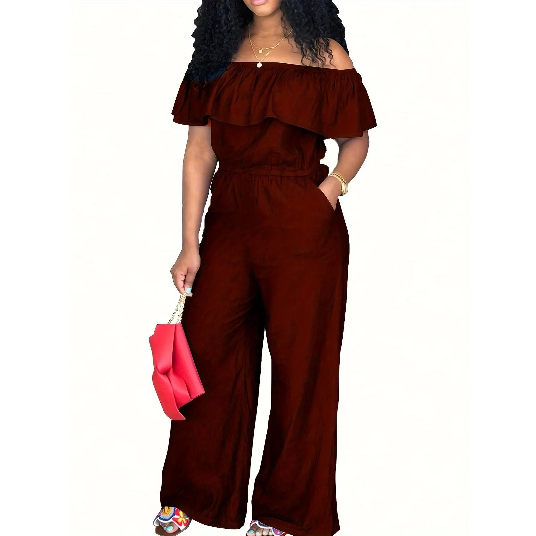Large Off-Shoulder Jumpsuit - Elegant Solid Green, Ruffle Detail, Wide-Leg Design, 100% Polyester, Machine Washable - Ideal for Spring/Summer/Fall