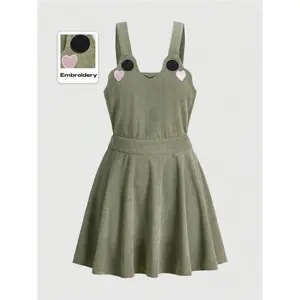 Kawaii Plus Size Women Cute Frog Embroidery Casual Suspender Short Dress