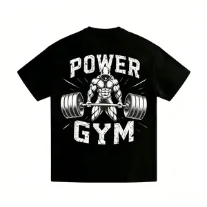 Men's Cool "Power Gym" Bodybuilding Graphic T-Shirt: Black Oversized Tee with Weightlifting Print, Perfect for Fitness Enthusiasts and Street Gym Style