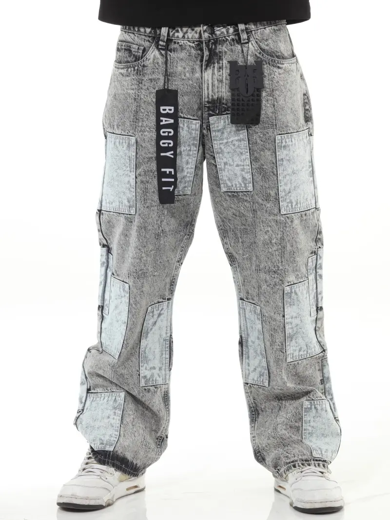 Men's Patchwork Baggy Denim Jeans - Relaxed Fit, All Seasons, Durable Design, Comfortable Material, Blue & Khaki Vintage Fade, Ideal for Casual Outings
