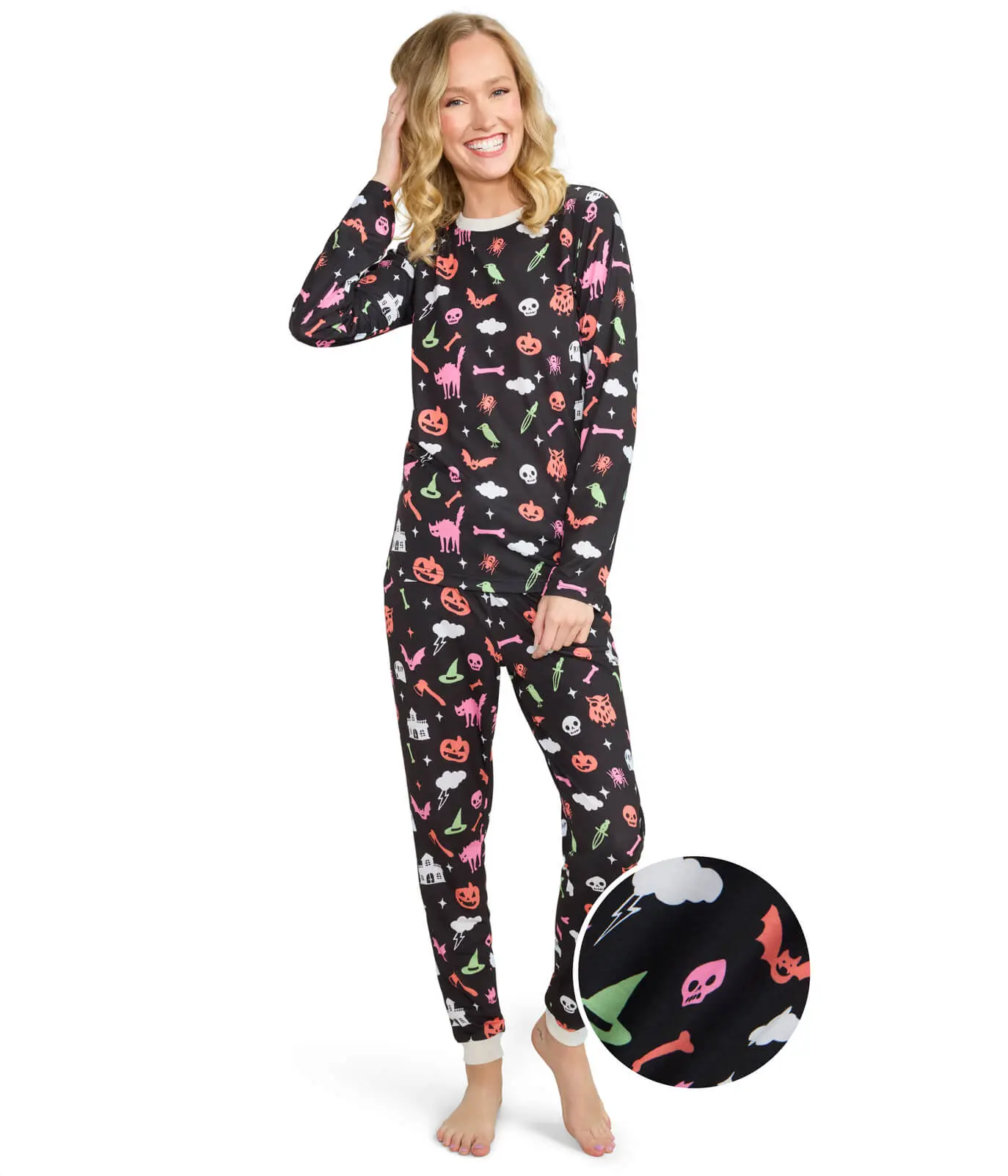 Women's Halloween Pajama Set with Black Magic Prints, 2-Piece Long Sleeve Button-Down Nightwear in Ultra-Soft Fabric, Loungewear