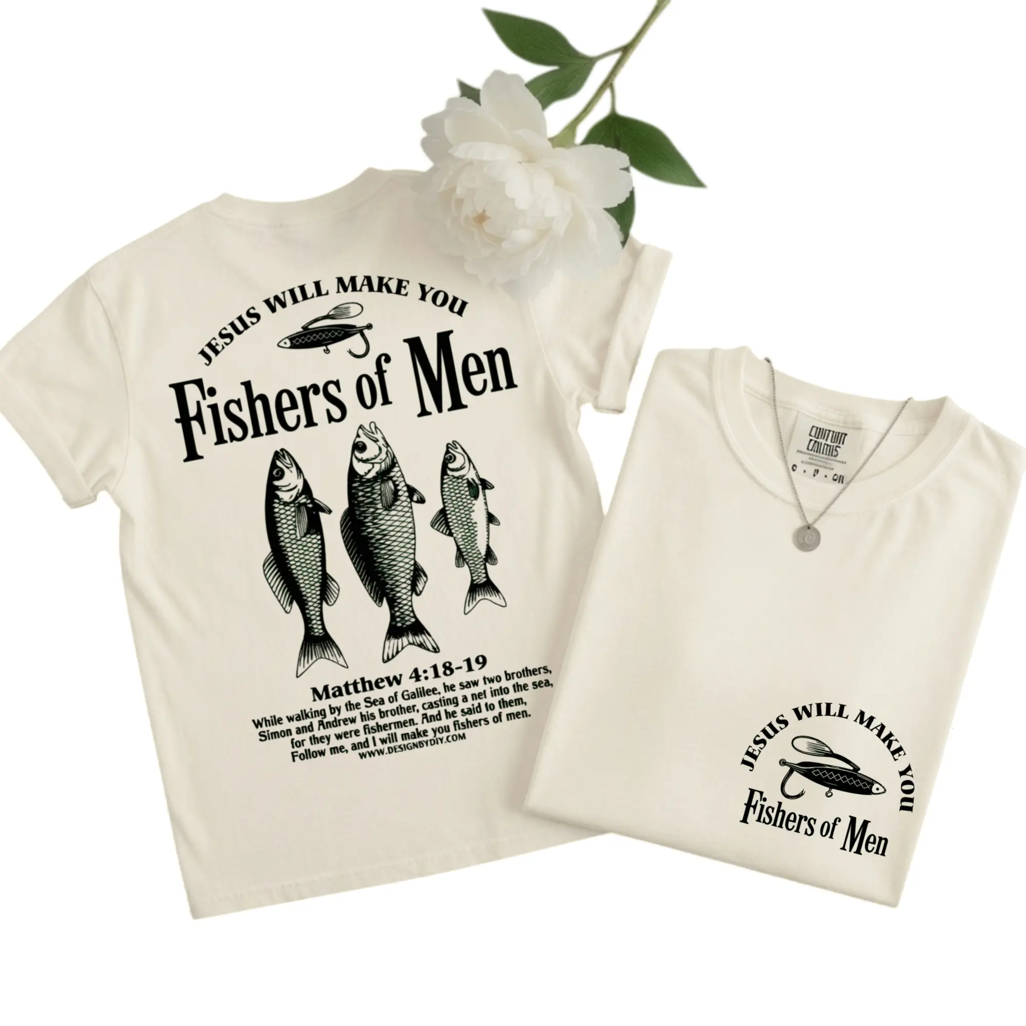 Women's Short-Sleeve Breathable Casual Fabric Christian T-Shirt - Comfort Colors, Matthew 4:18-19 Jesus Will Make You Fishers of Men Print Fishing Faith Tee, Shortsleeve, Round Neck, Soft, Streetwear, Top