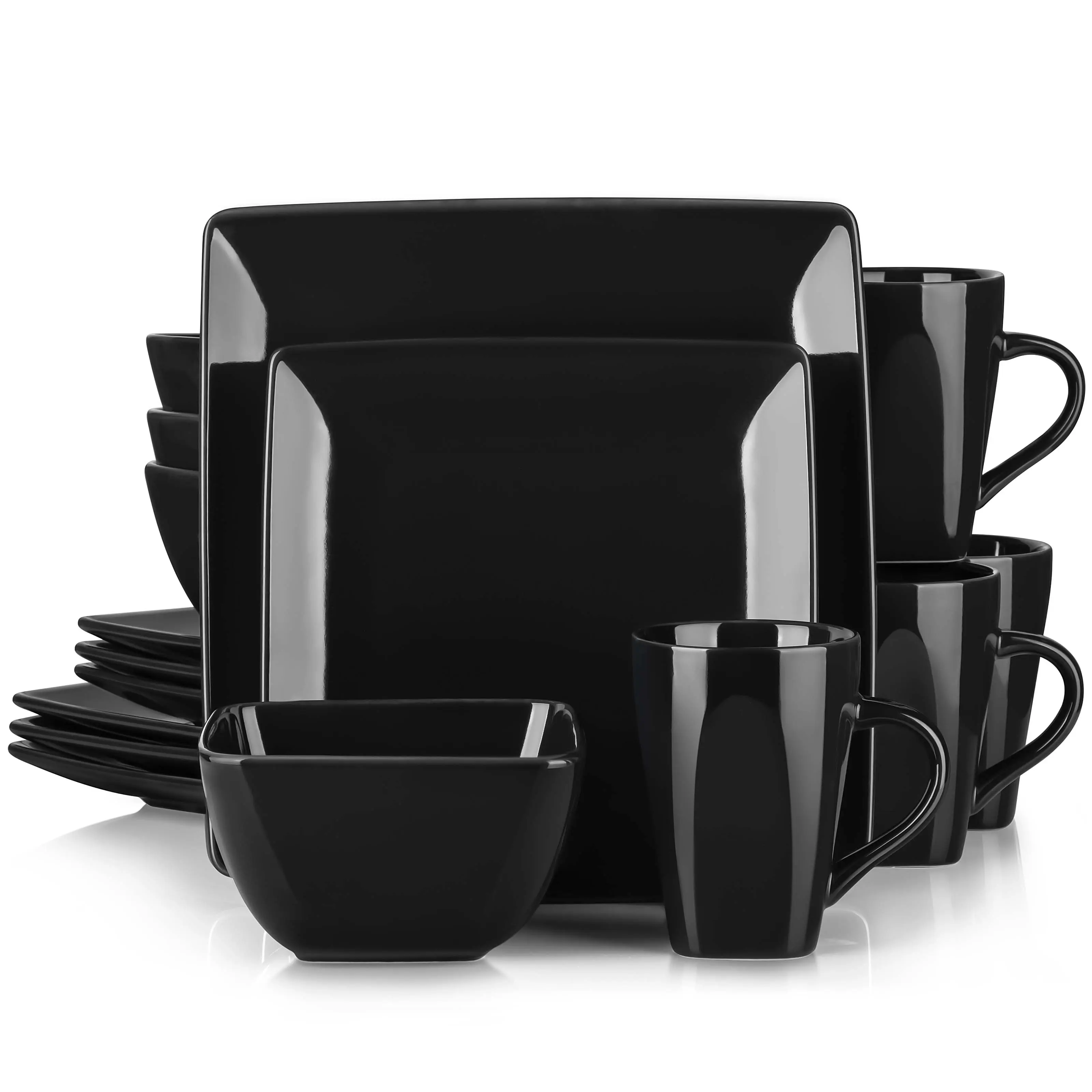 vancasso Soho Stoneware Square Dinner Set, 16 Piece Black/White Dinnerware Service Set, Kitchen Plate Crockery Set with Dinner Plate, Dessert Plate, Bowls and Mug, Service for 4