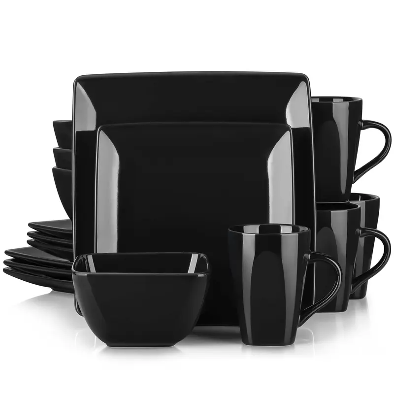 vancasso Soho Stoneware Square Dinner Set, 16 Piece Black/White Dinnerware Service Set, Kitchen Plate Crockery Set with Dinner Plate, Dessert Plate, Bowls and Mug, Service for 4