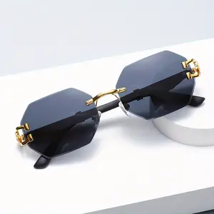 A pair of unisex frameless glasses with a double-bridge design, wood grain pattern frame, gradient PC lenses, fashionable glasses for men, suitable for women to wear and accessorize, leopard print detail on the hinges, stylish and suitable