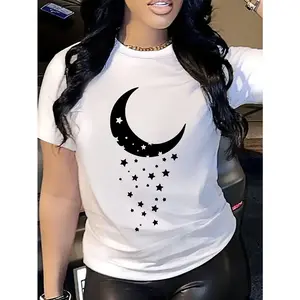 Womens Cotton Short Sleeve Graphic Tee Moon And Stars Print Casual Summer Top Soft Breathable Crew Neck T Shirt For Streetwear Lounge Travel Everyday Outfit