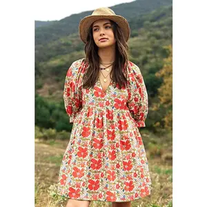 Gigio Babydoll Poppy Flower Dress - Coral Cream