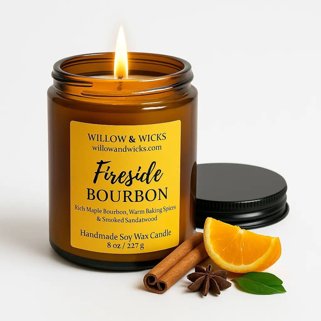 Willow & Wicks Fireside Bourbon Candle – 8oz Amber Jar | Maple Bourbon, Spices & Sandalwood | Cozy Aromatherapy Gift for Men