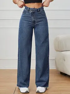 Women's Vintage Ultra-Long High Waist Jeans, Slant Pocket Button Design, Fall Casual Style, Straight Loose Fit, Daily Wear Valentine Gift