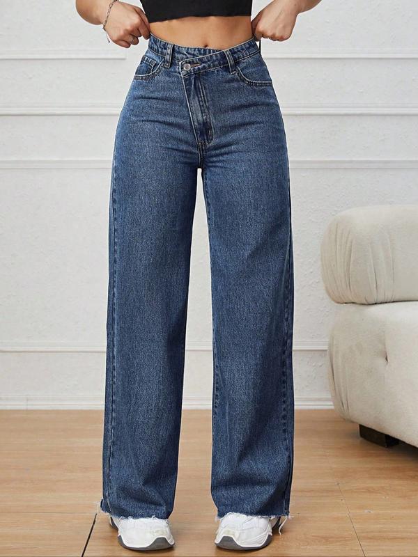 Women's Vintage Denim Jeans, Diagonal Button Design, Ultra-Long Straight Wide Leg, Casual Style, All Seasons Daily Wear