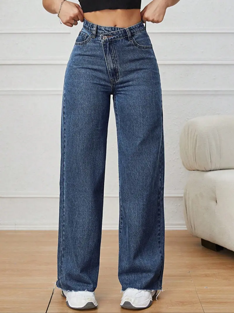 Women's Vintage Denim Jeans, Diagonal Button Design, Ultra-Long Straight Wide Leg, Casual Style, All Seasons Daily Wear