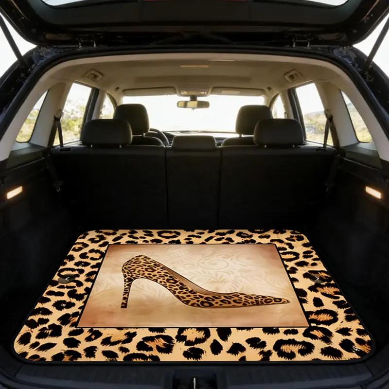 Leopard Print High Heel Car Trunk Mat, Non Slip Waterproof Washable Fashion Cargo Liner, Stain Resistant Pet Friendly Automotive Trunk Carpet for SUV Sedan Crossover All Weather Use
