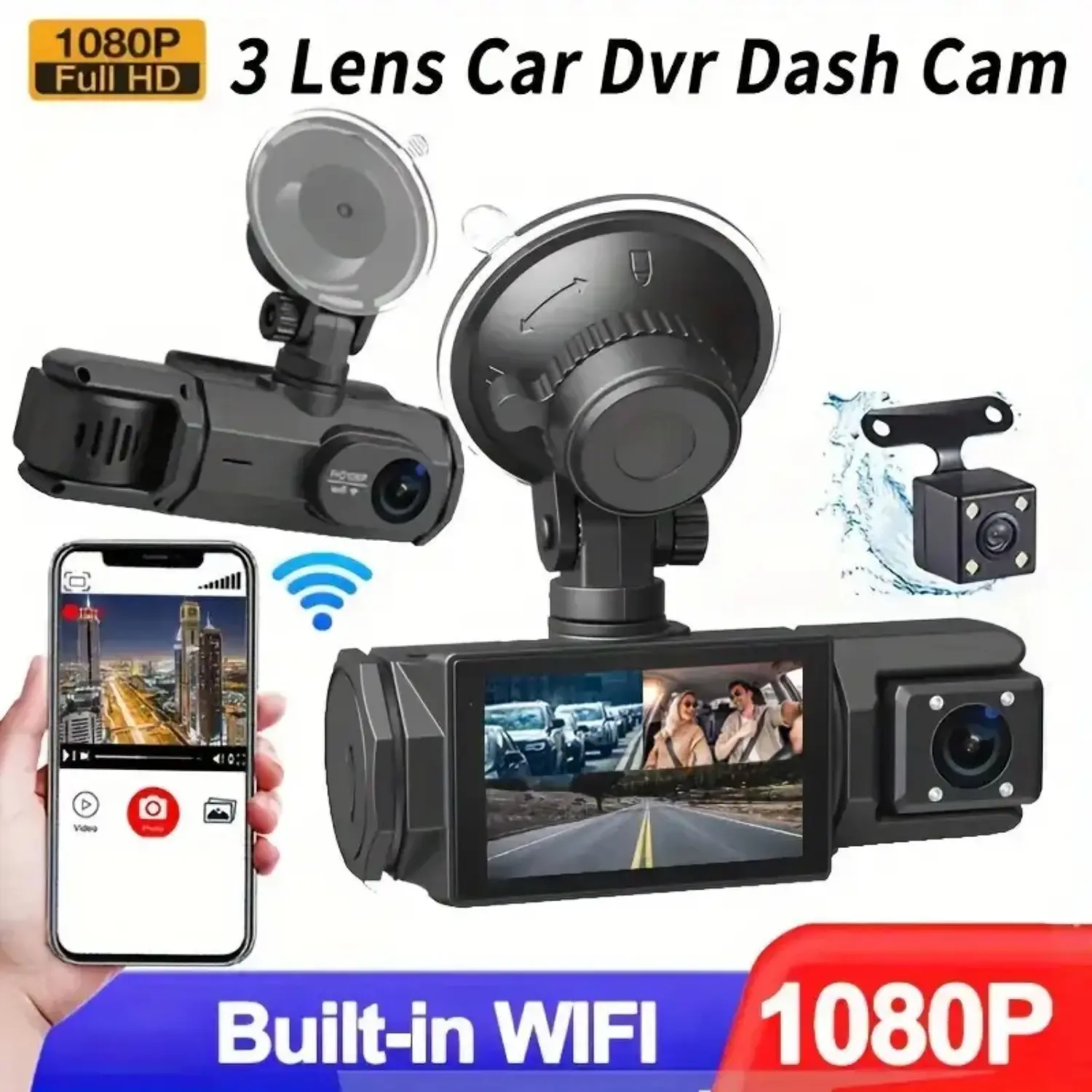 Three-Lens HD 1080P Infrared Night Vision Car Dvr, Dashcam Dvr, Car Dash Cam, Dash Camera For Cars, Front Back & Interior Camera, 32GB Internal Storage, Box Recorder