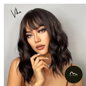 VIKA【 WA-SM210-4】16inches Dark Brown Curly Bob Wigs Short Wavy Bob Wig with Bangs Women's Shoulder Length Wigs Natural Looking Synthetic Cosplay natural brown