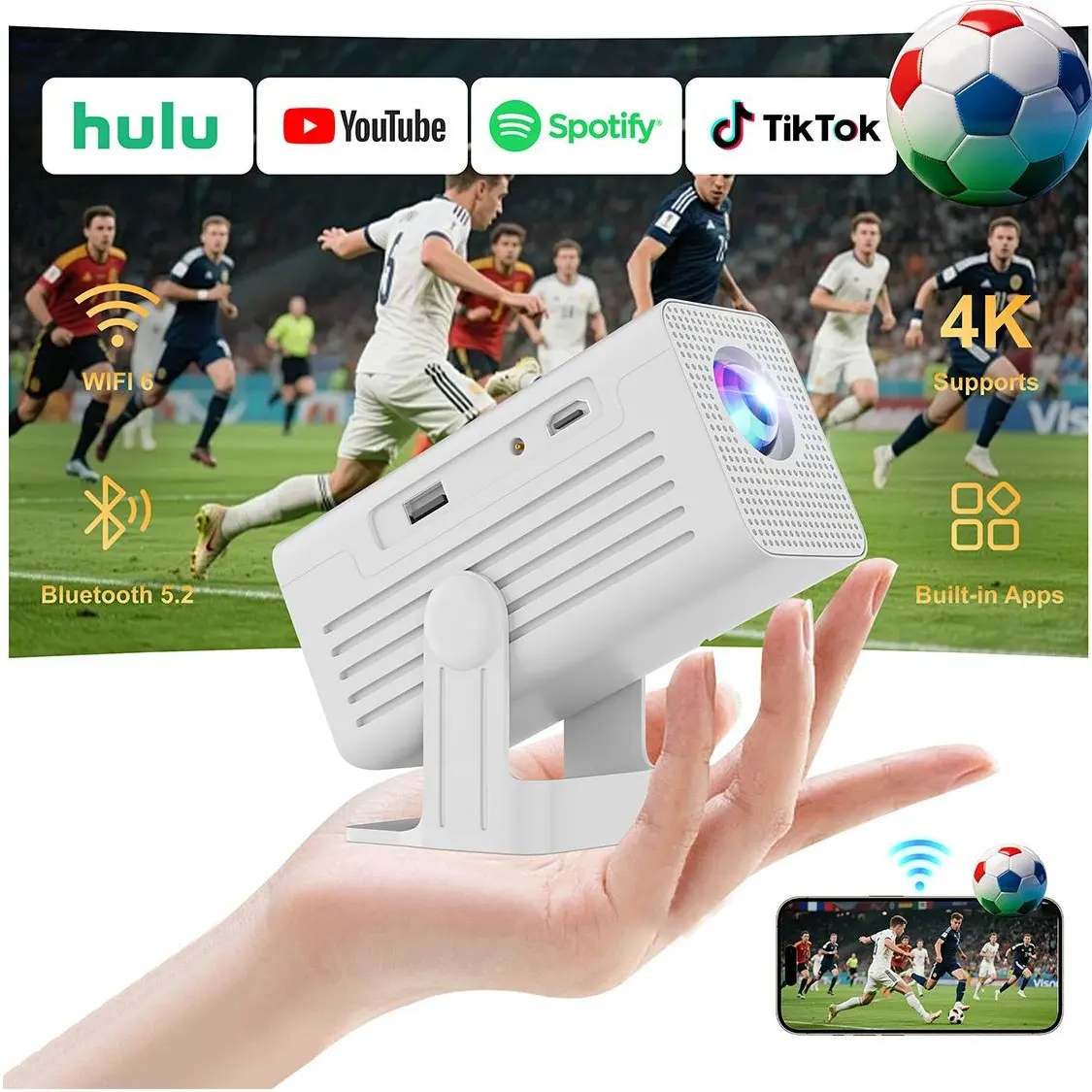 Portable Mini Smart N6 Projector, 300 ANSI Brightness 4K Supported, Android 13, Dual Type-C & DC Round Hole Charging for Outdoor & Home Theater