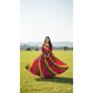 Designer Heavy Georgette Multicolor Bandhani Long Gown – Single Exclusive Piece. size fits 38-44 with alteration