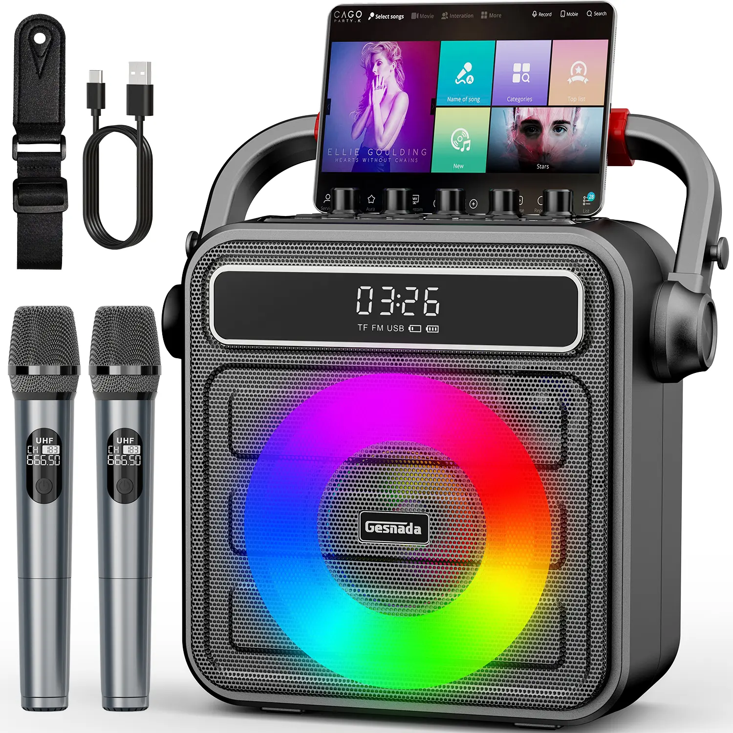 Portable Bluetooth Karaoke Wireless Party Speaker with 2 Handheld Rechargeable Wireless Mics, Bass-Treble Adjustment, RGB LED Melody Sync Lights, Aux Input, Smartphone Compatibility for Gatherings & Gifts