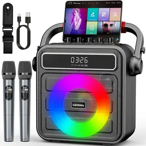 Karaoke Machine for Adults & Kids, w/ 2 Wireless Microphones & Bass/Treble Adjustable Portable Bluetooth Speaker PA System w/RGB LED Lights SYNC Melody, Ideal for Gatherings Courtyard Outdoor & Gift