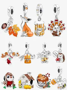 1PC New Original Golden Autumn Christmas Series Maple Leaves Fox Turkey Beer Christmas Stockings Gingerbread Man Bead Pendant Thanksgiving Christmas Beads and Pendant Designer Bracelet Making DIY Gift Ladies Daily Wear for Women as Gift Special Choice