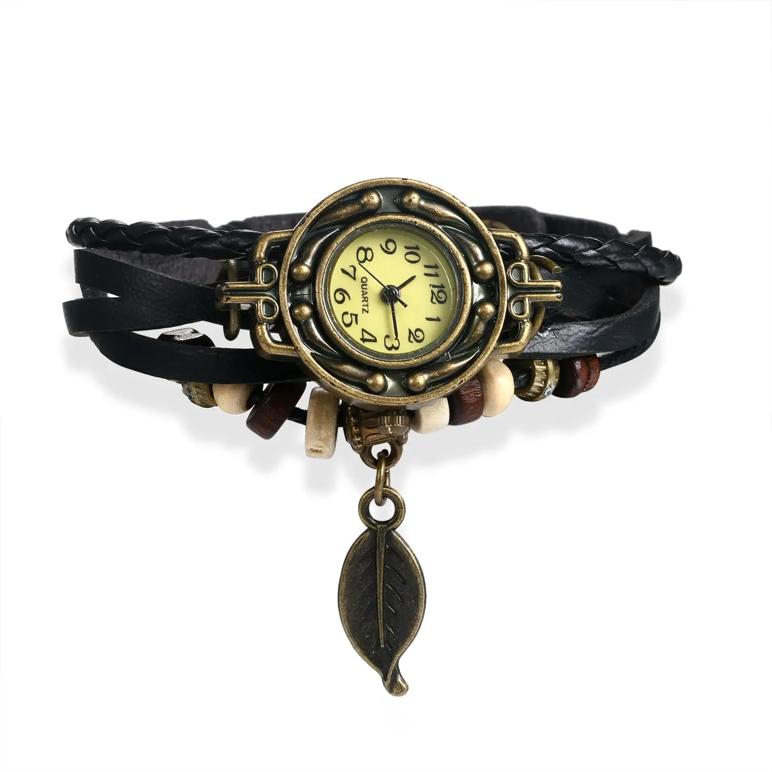 OIDEA Vintage Handwoven Leather Rope Bracelet Watch - 0.97 Inches Alloy Case, Leaf Charm, Wooden Bead Accents, Romantic Casual Versatile Androgynous Quartz Movement Unisex Boho Fashion Women's Watch, 2.46Cm, Parties, Androgynous Quartz Watches
