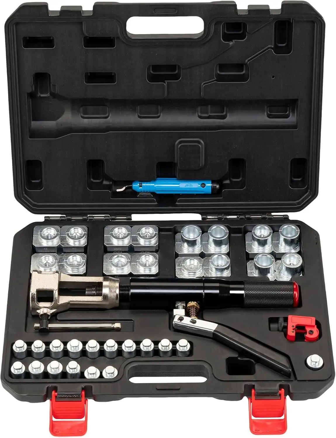 Hydraulic Brake Line Flaring Tool Kit, 33PCS 45° Double & Single, Brake Tool Kit for 3/16"-1/2" Copper & Steel Tubing, with Cutter & Deburrer, Automotive Hydraulic Flaring Tool