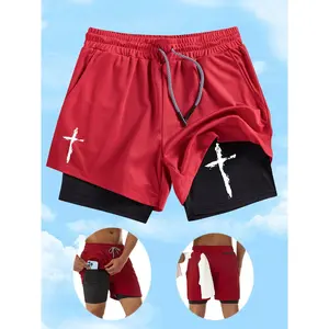 Men's Cross Print Basketball Training Shorts, Multi-Pocket Double-Layer Sports Pants, Breathable Comfortable Outdoor Running Gym Wear