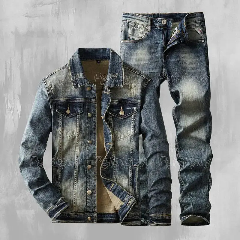 Classic Simple Men's Jeans Suit Retro Jacket and Pants 2-Piece Set Autumn WinterStyle Slim Fit Streetwear