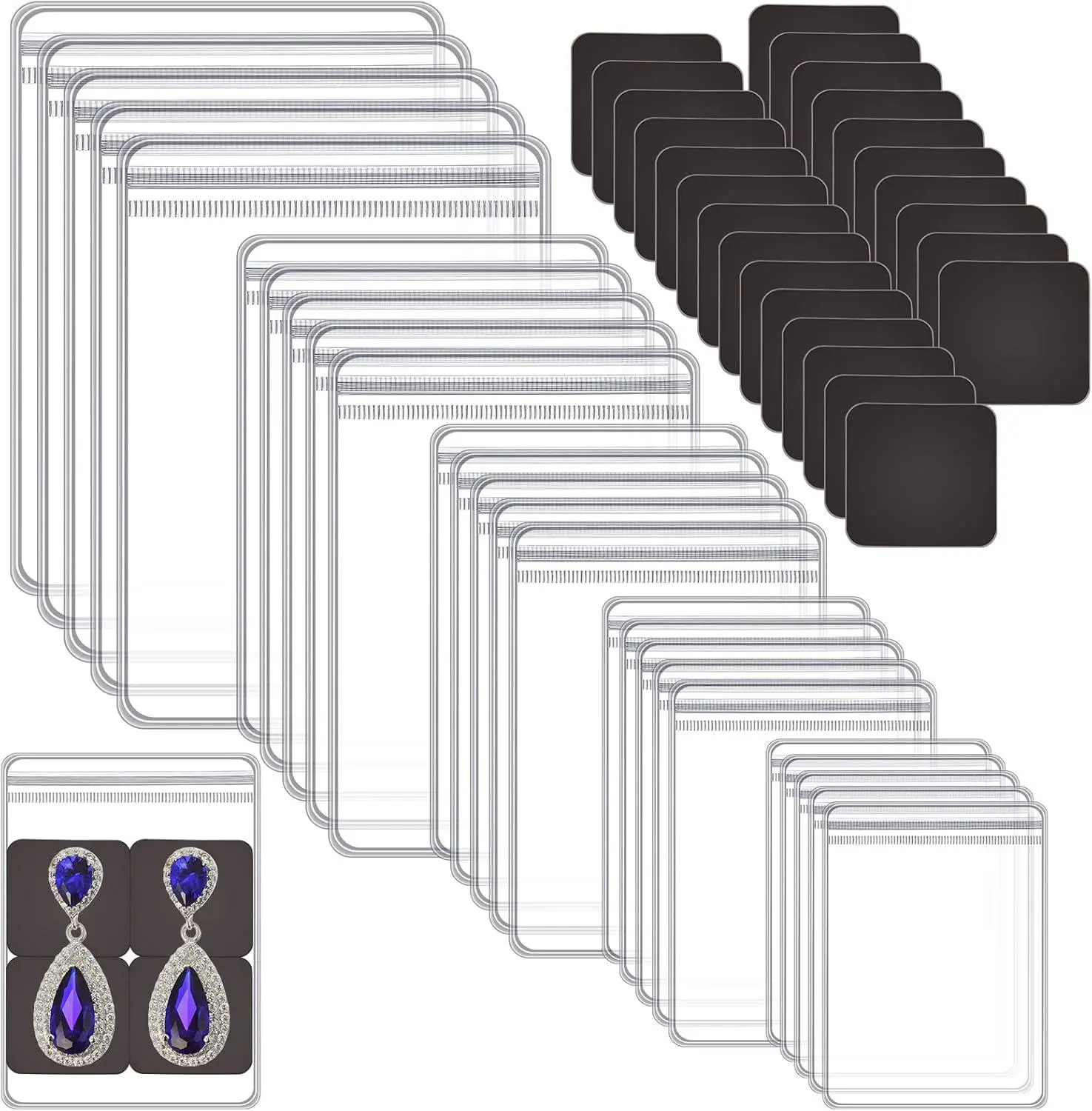 200 pcs jewelry storage sealed bag set, including 100 transparent PVC self sealing bags and 100 black anti oxidation paper, suitable for earrings, necklaces, bracelets