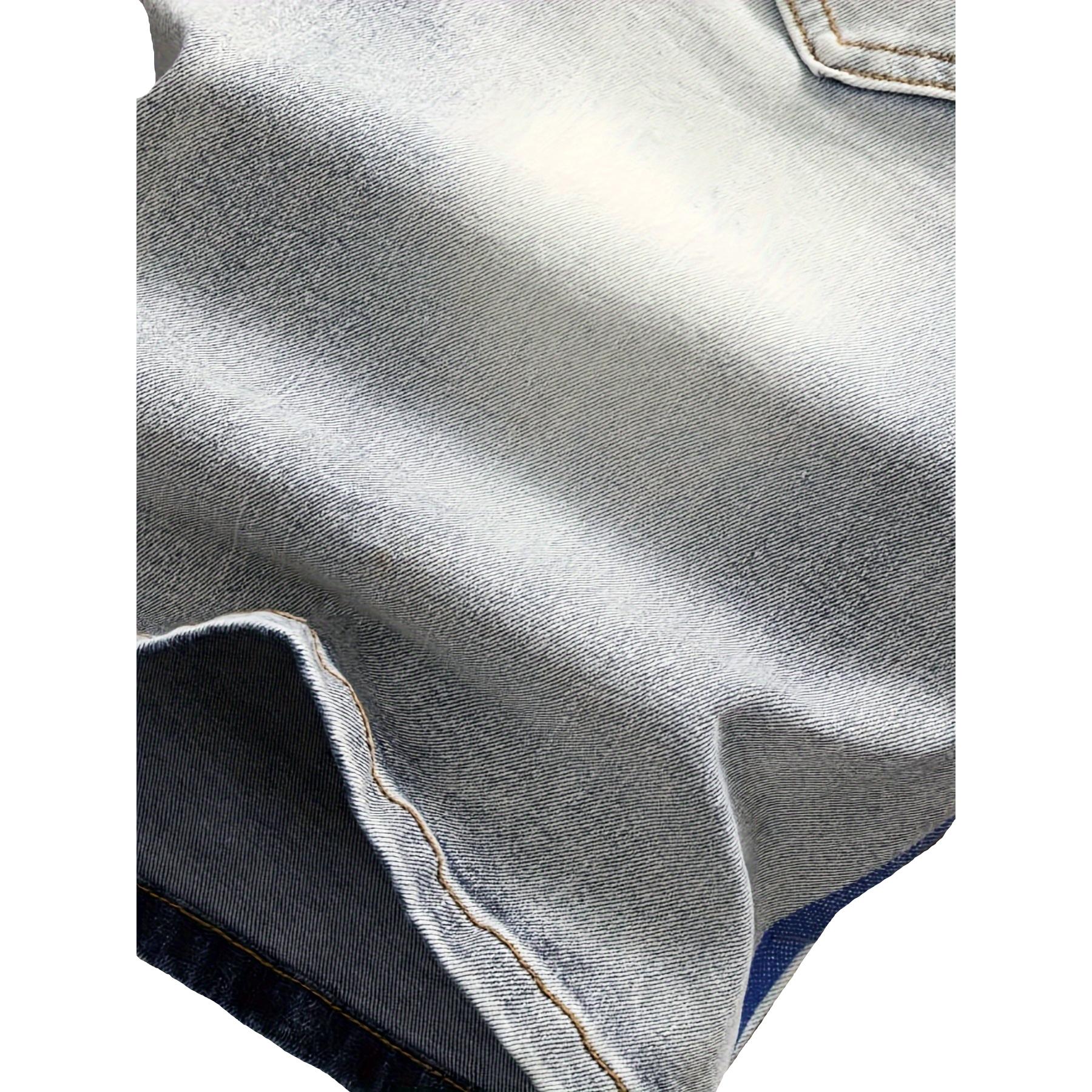 Men’s summer straight-leg blue distressed denim shorts with European/American fashion prints